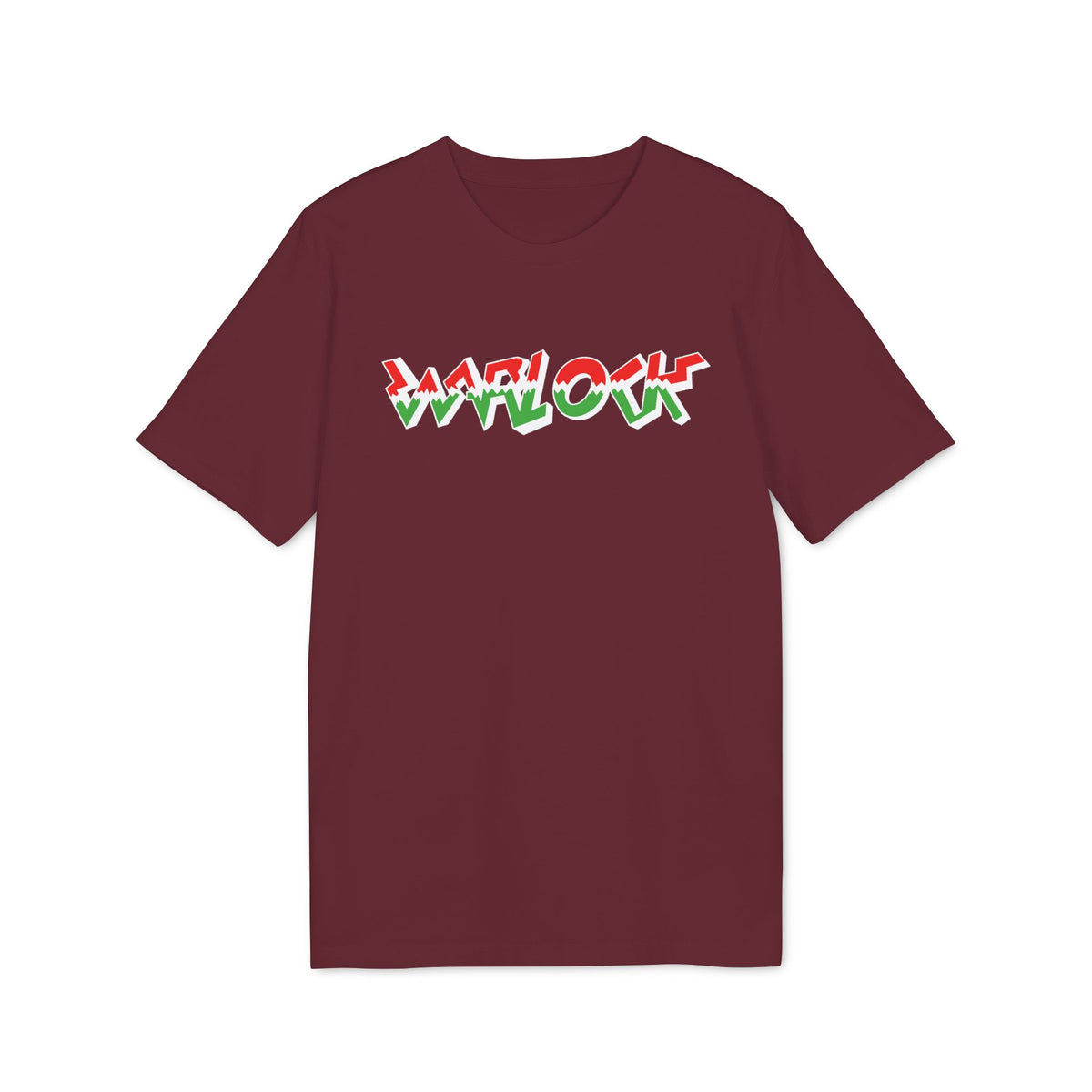 A maroon short-sleeved t-shirt featuring the word WARLOCK printed in red, green, and white.