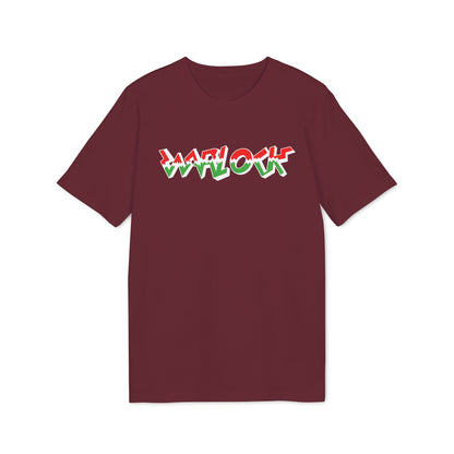 A maroon short-sleeved t-shirt featuring the word WARLOCK printed in red, green, and white.