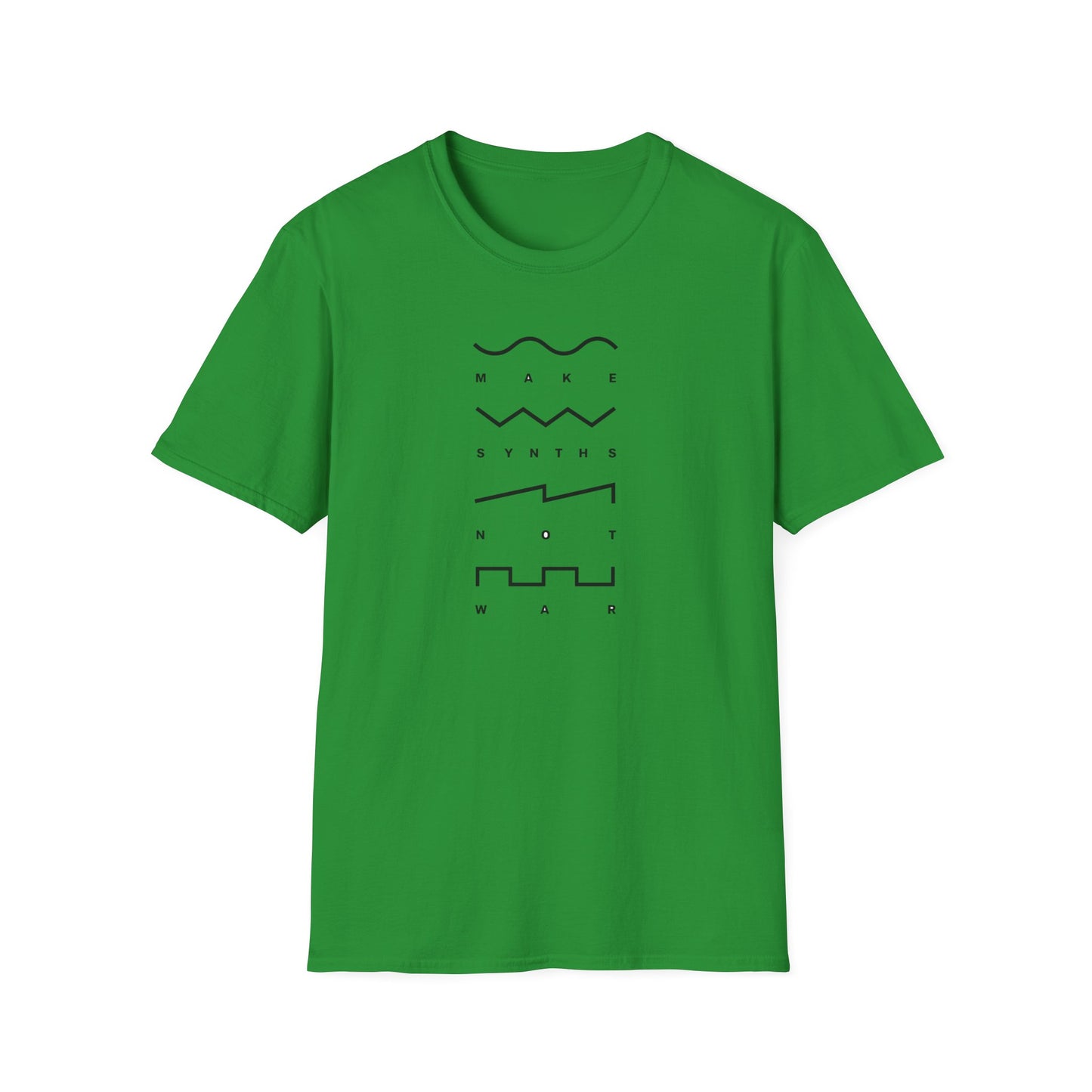 Green t-shirt with black text and wave graphics: MAKE SYNTHS WAR.