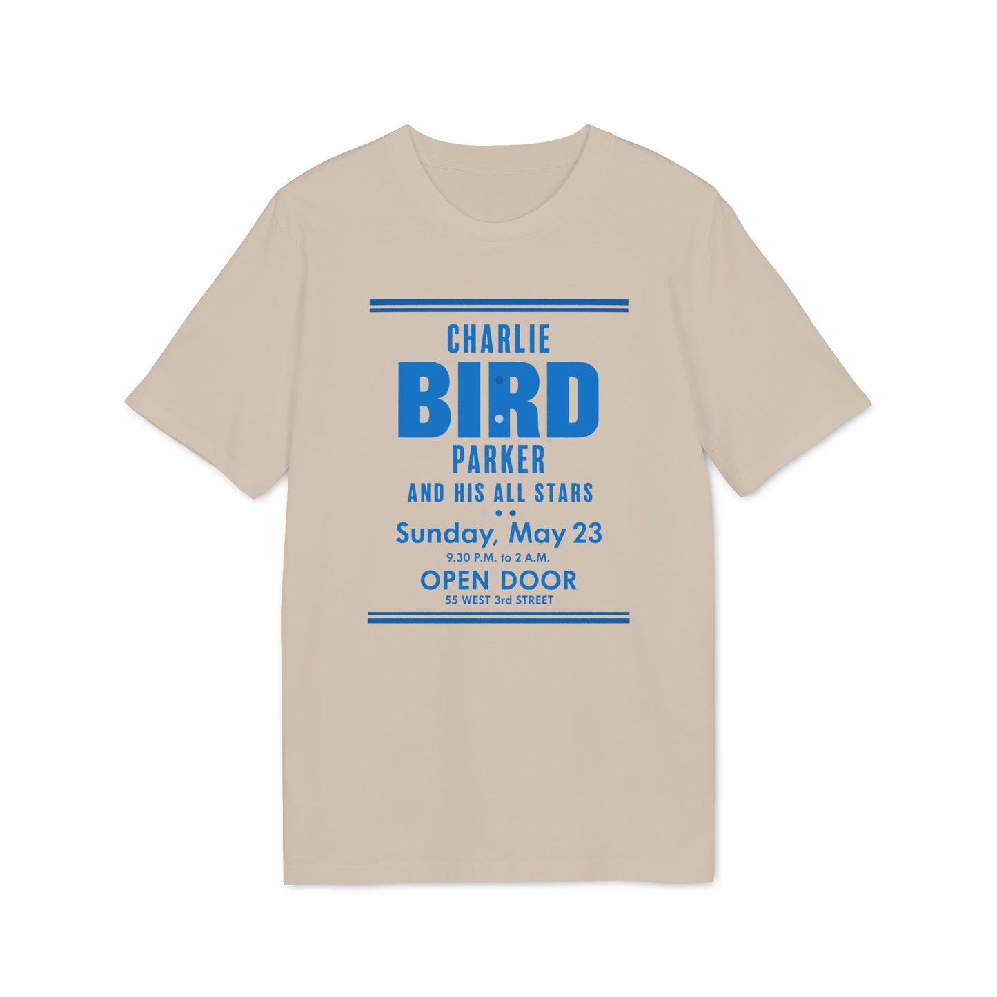 Tan t-shirt with blue text for Charlie Parker and his All Stars performance.