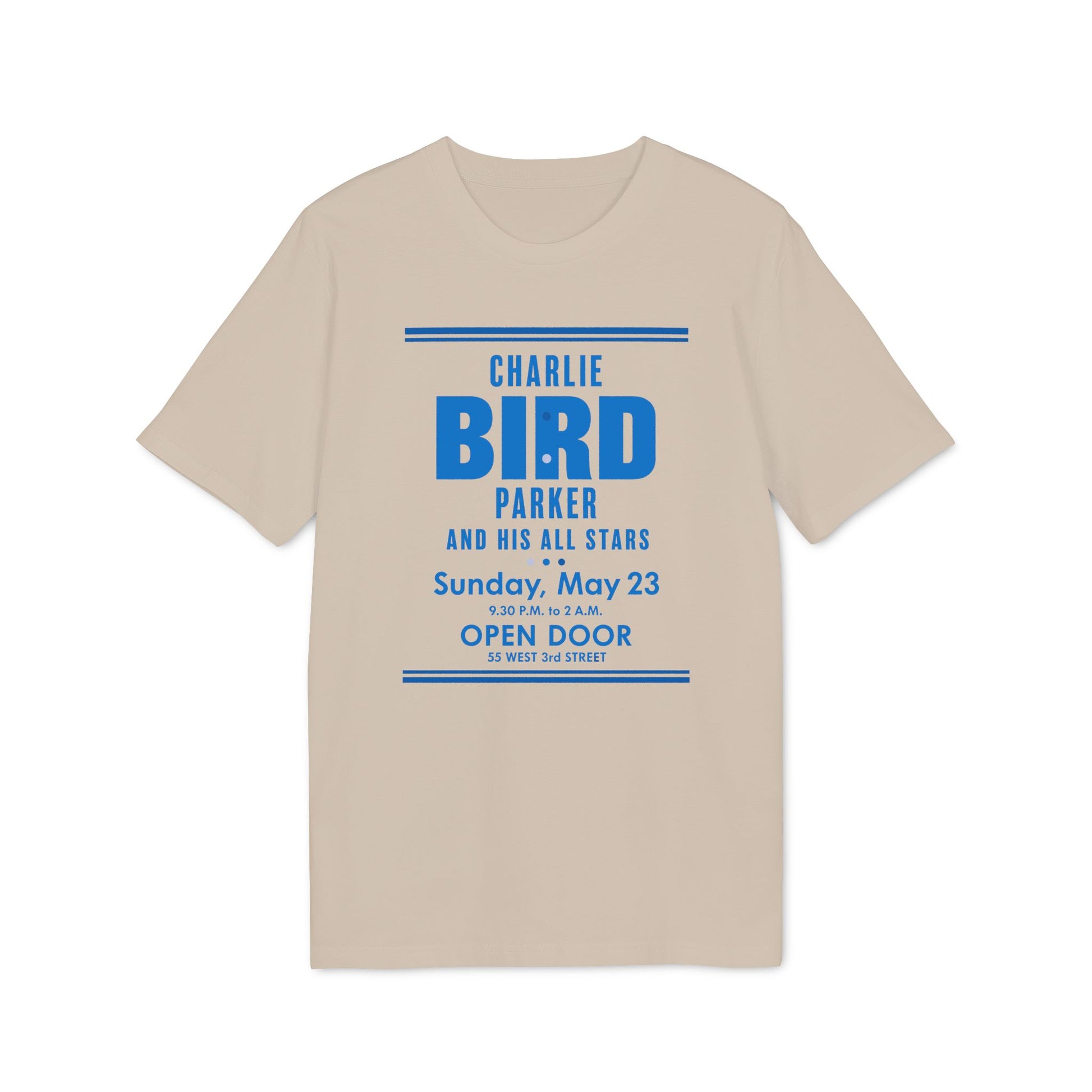 Tan t-shirt with blue text for Charlie Parker and his All Stars performance.