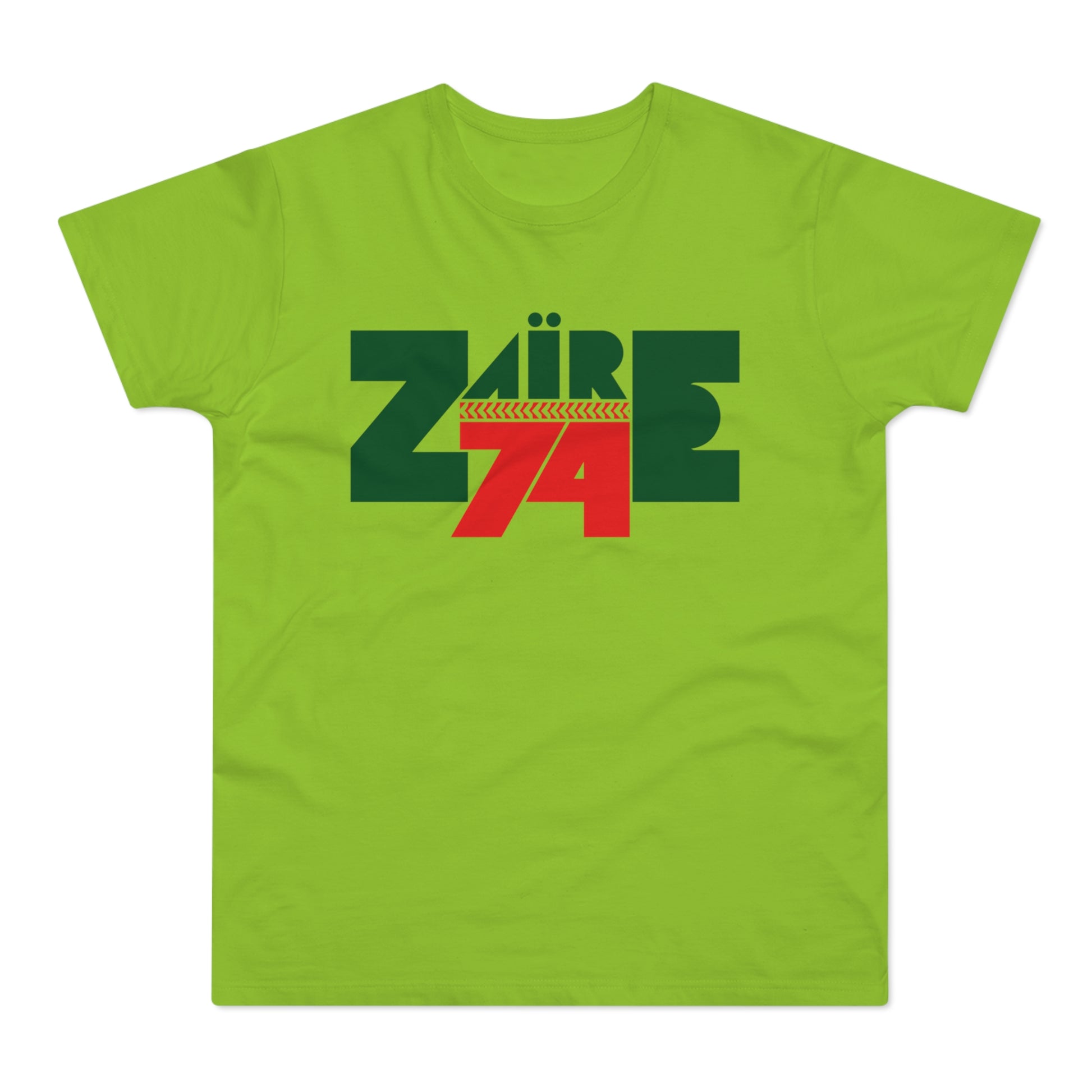 Green t-shirt with "Zaire 74" text and graphic in dark green and red.