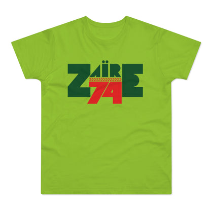 Green t-shirt with "Zaire 74" text and graphic in dark green and red.