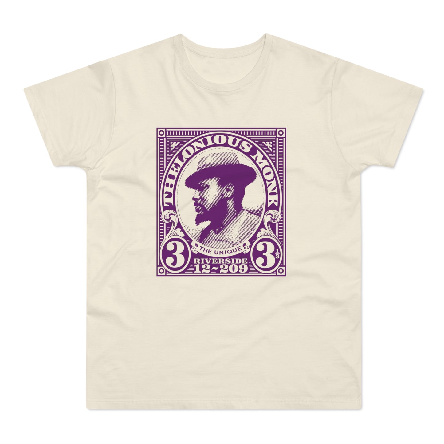 Thelonious Monk portrait artwork on a cream t-shirt with purple stamp design.