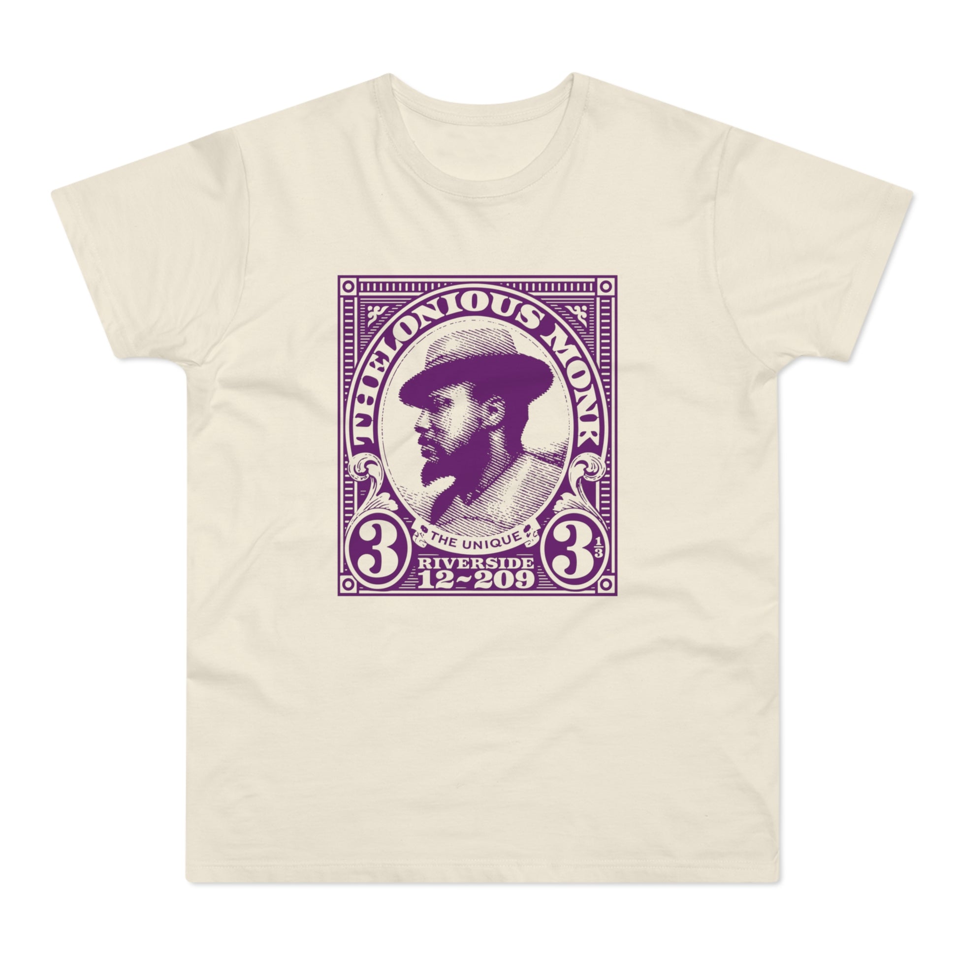 Thelonious Monk portrait artwork on a cream t-shirt with purple stamp design.