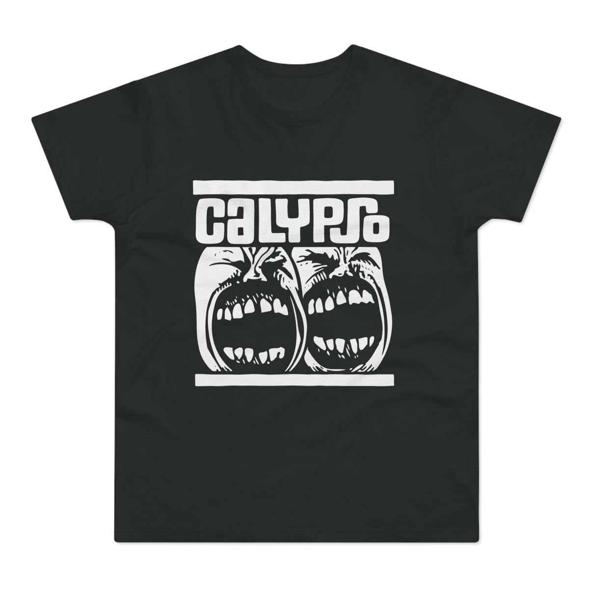 Black t-shirt with white text "CALYPSO" and two screaming faces graphic.