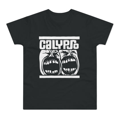 Black t-shirt with white text "CALYPSO" and two screaming faces graphic.