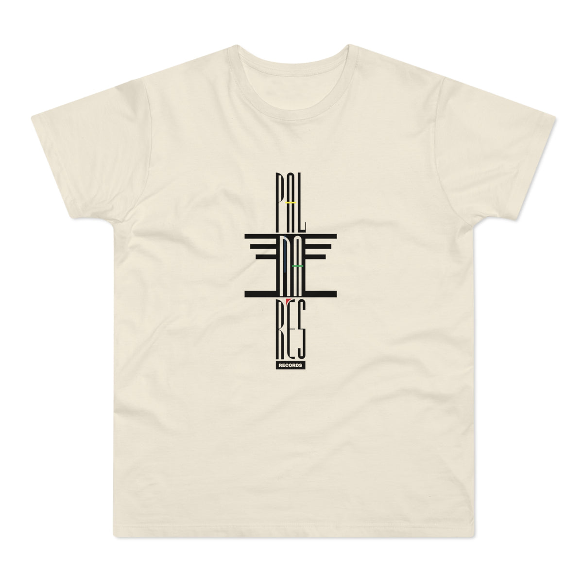 Cream t-shirt with black vertical text logo that reads "PAL MNE RES" and "RECORDS".