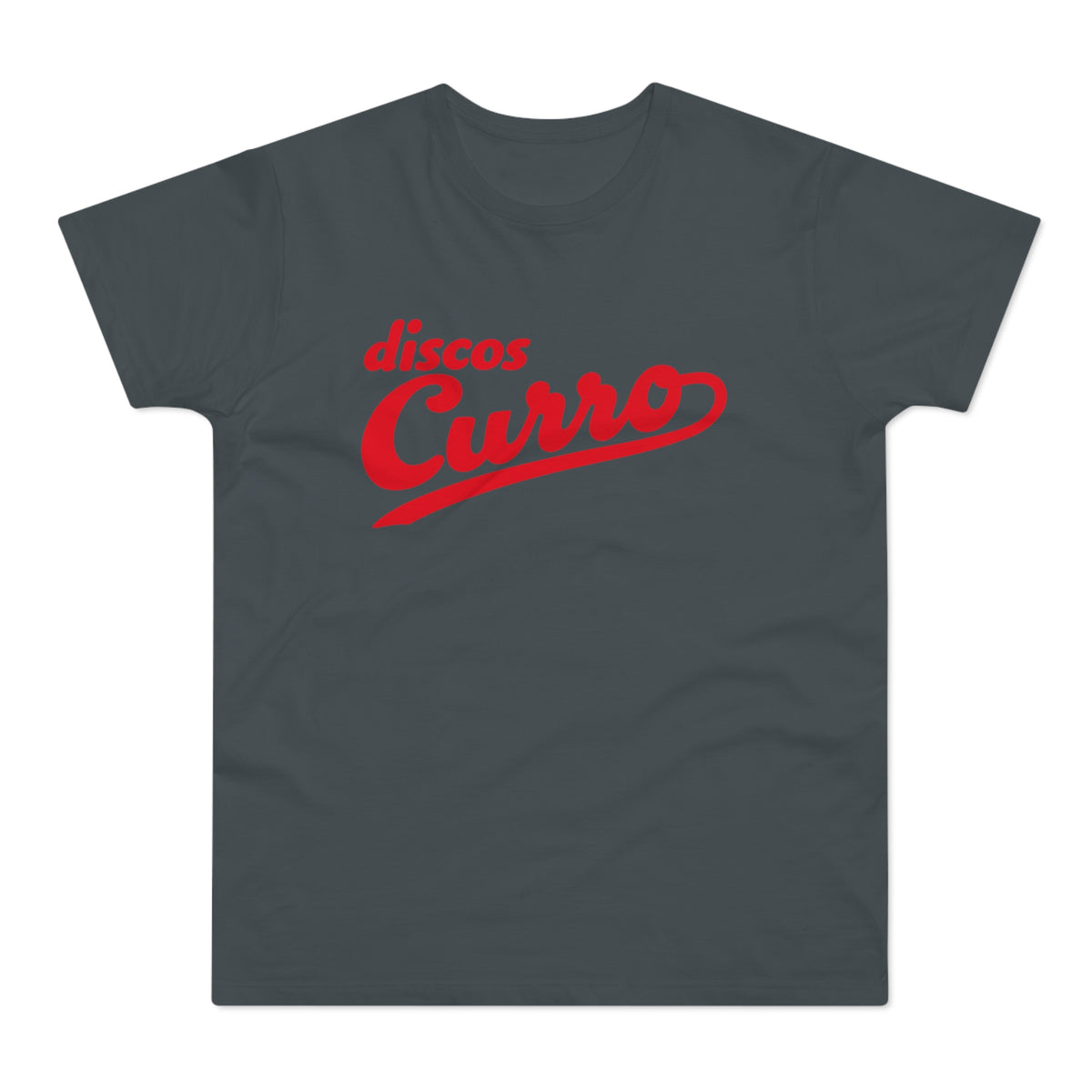 Dark grey t-shirt with red "discos Curro" text in a script font.