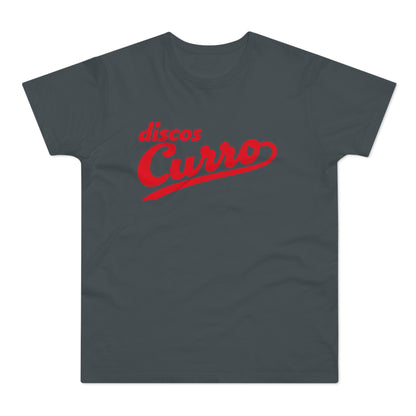Dark grey t-shirt with red "discos Curro" text in a script font.