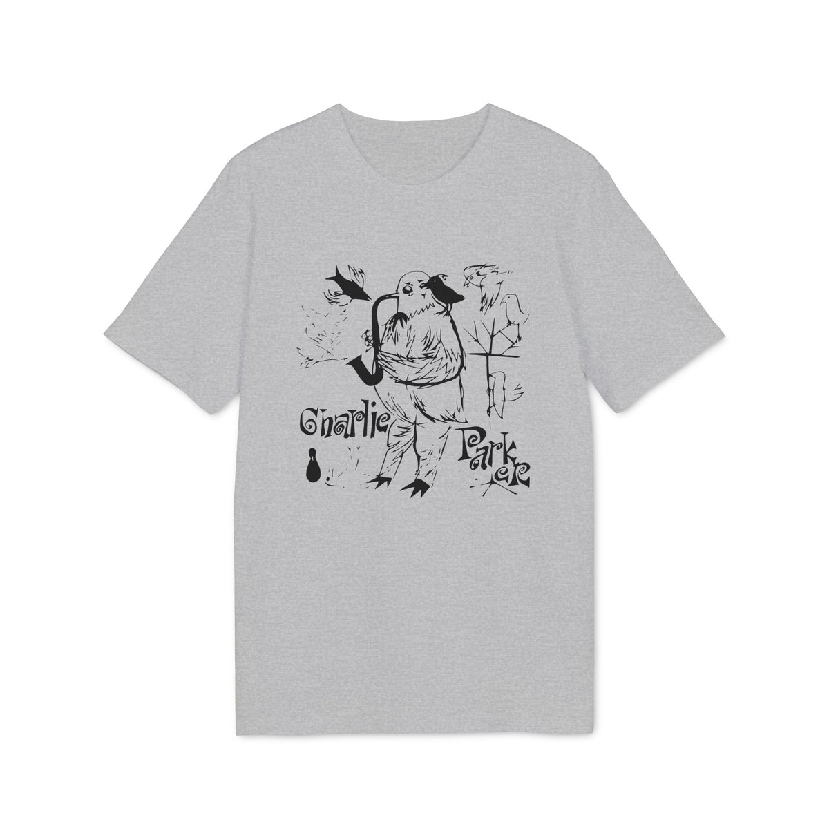 A light gray t-shirt featuring a black graphic of Charlie Parker playing the saxophone surrounded by birds.