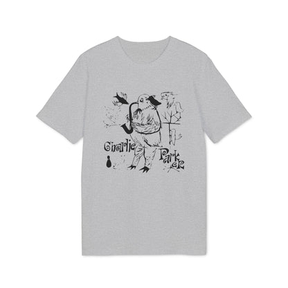A light gray t-shirt featuring a black graphic of Charlie Parker playing the saxophone surrounded by birds.