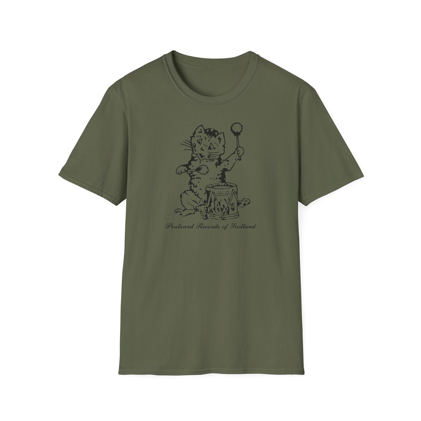 Green t-shirt with a black line drawing of a cat playing a drum.
