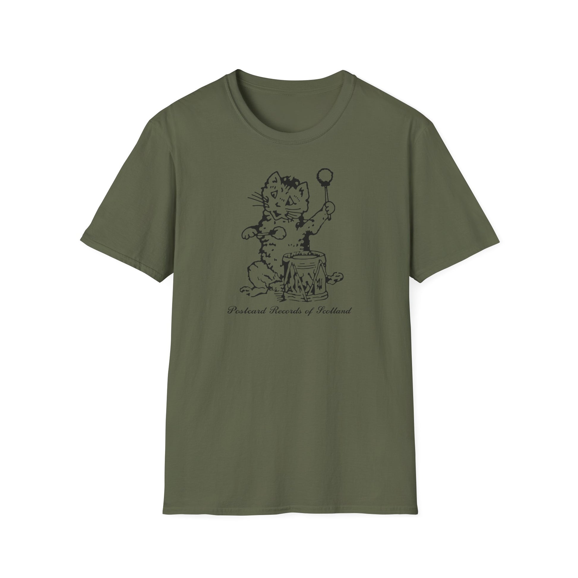 Green t-shirt with a black line drawing of a cat playing a drum.
