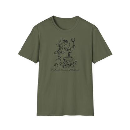 Green t-shirt with a black line drawing of a cat playing a drum.