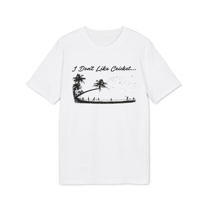 White t-shirt with black graphic "I Don't Like Cricket..." and beach scene.