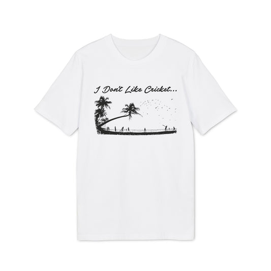 White t-shirt with black graphic "I Don't Like Cricket..." and beach scene.