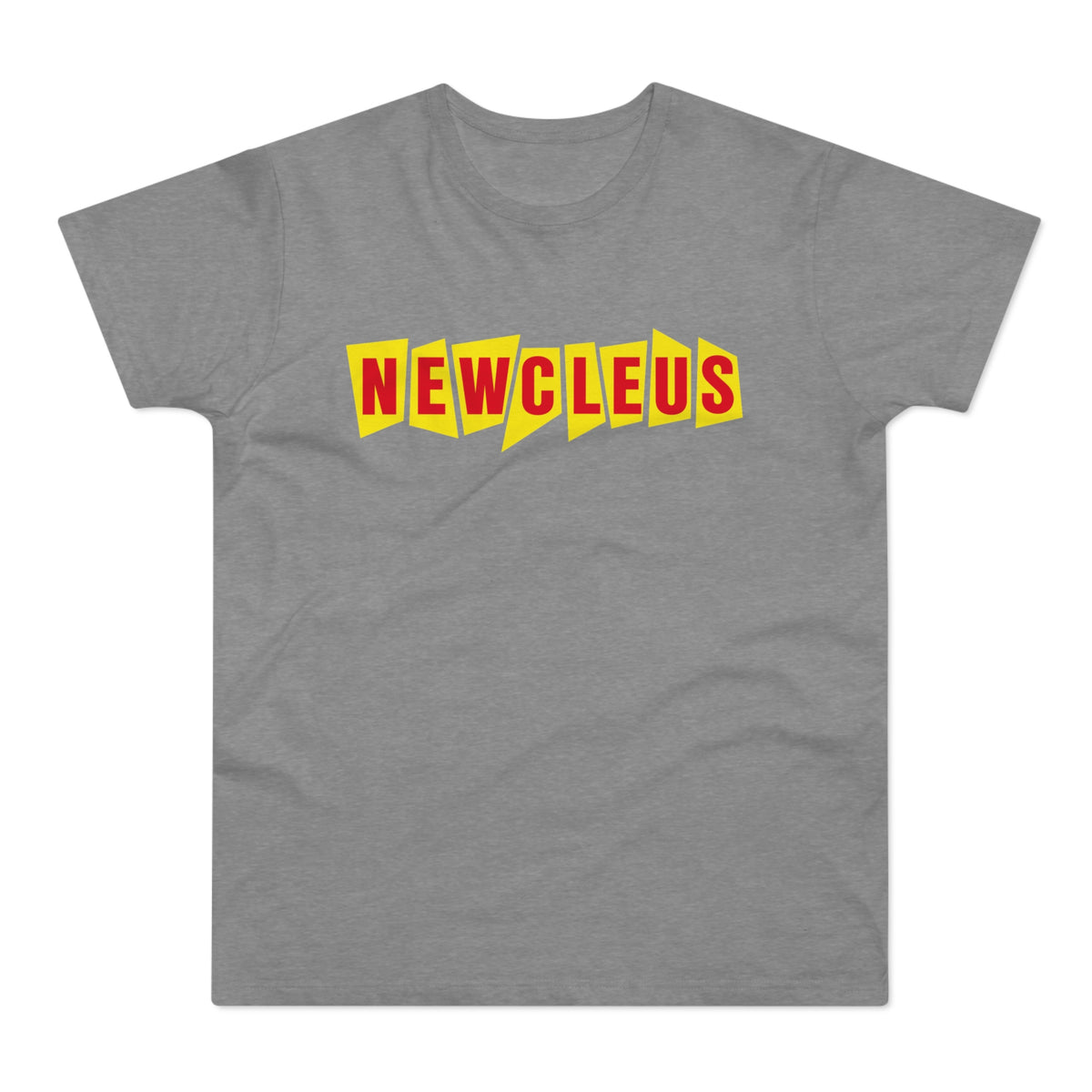Grey t-shirt with red and yellow "NEWCLEUS" text in a jagged font.