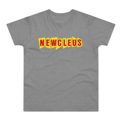 Grey t-shirt with red and yellow "NEWCLEUS" text in a jagged font.