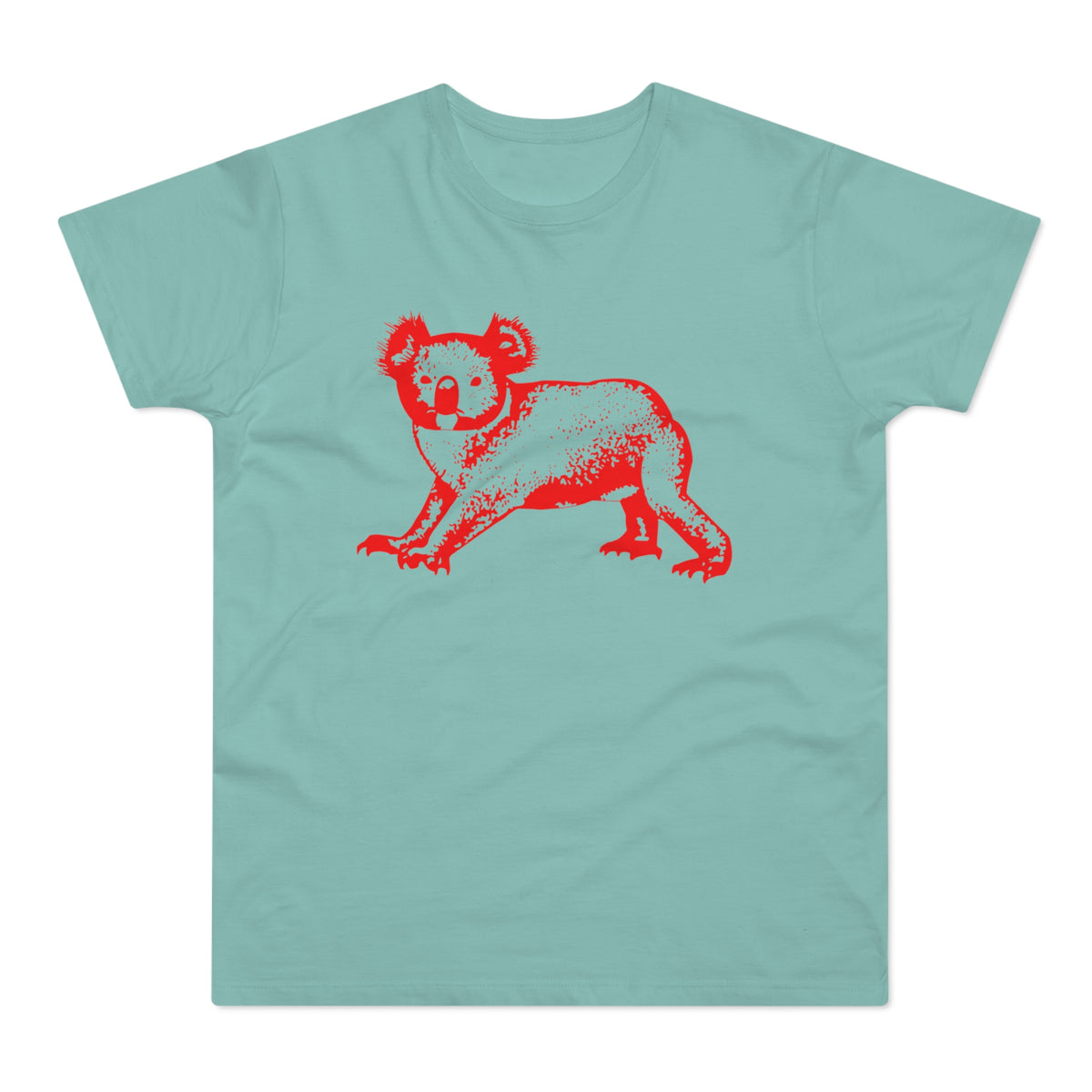 Light blue t-shirt with a red textured koala graphic.
