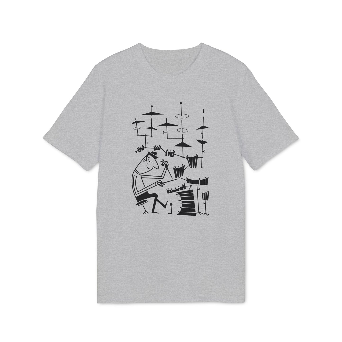 Black line art of a drummer playing a full drum kit on a gray t-shirt.