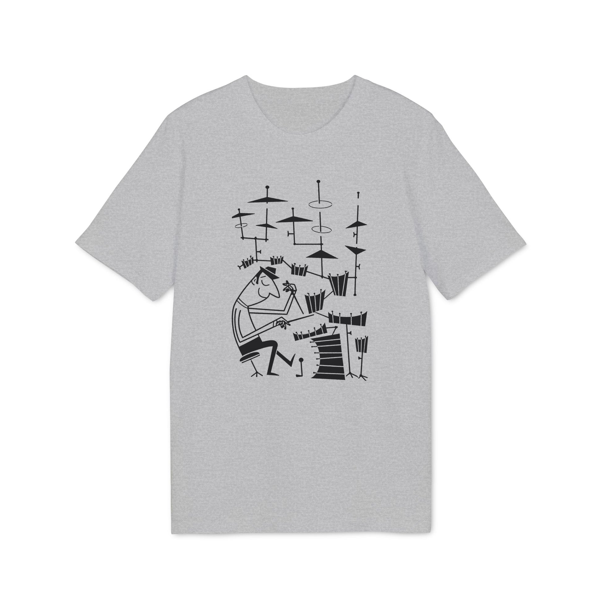 Black line art of a drummer playing a full drum kit on a gray t-shirt.