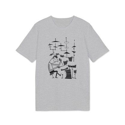 Black line art of a drummer playing a full drum kit on a gray t-shirt.