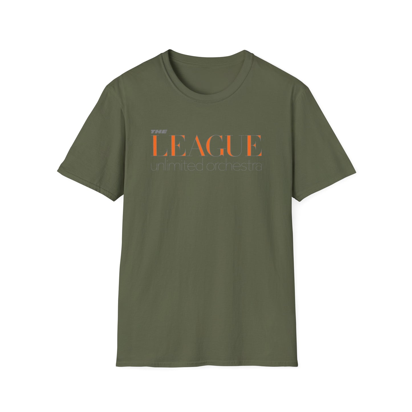Green t-shirt with orange text "THE LEAGUE unlimited orchestra" on the front.
