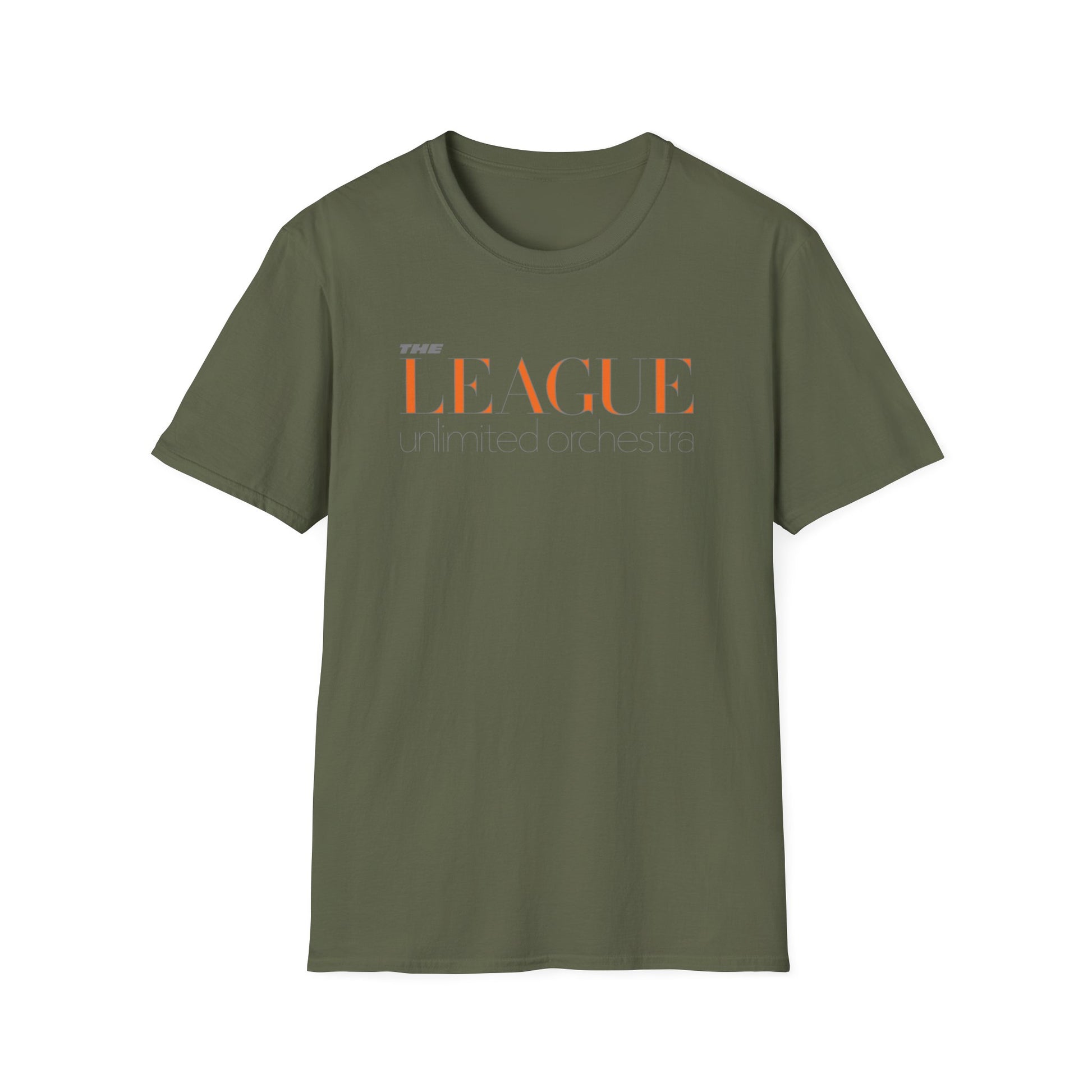 Green t-shirt with orange text "THE LEAGUE unlimited orchestra" on the front.