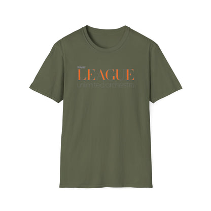 Green t-shirt with orange text "THE LEAGUE unlimited orchestra" on the front.