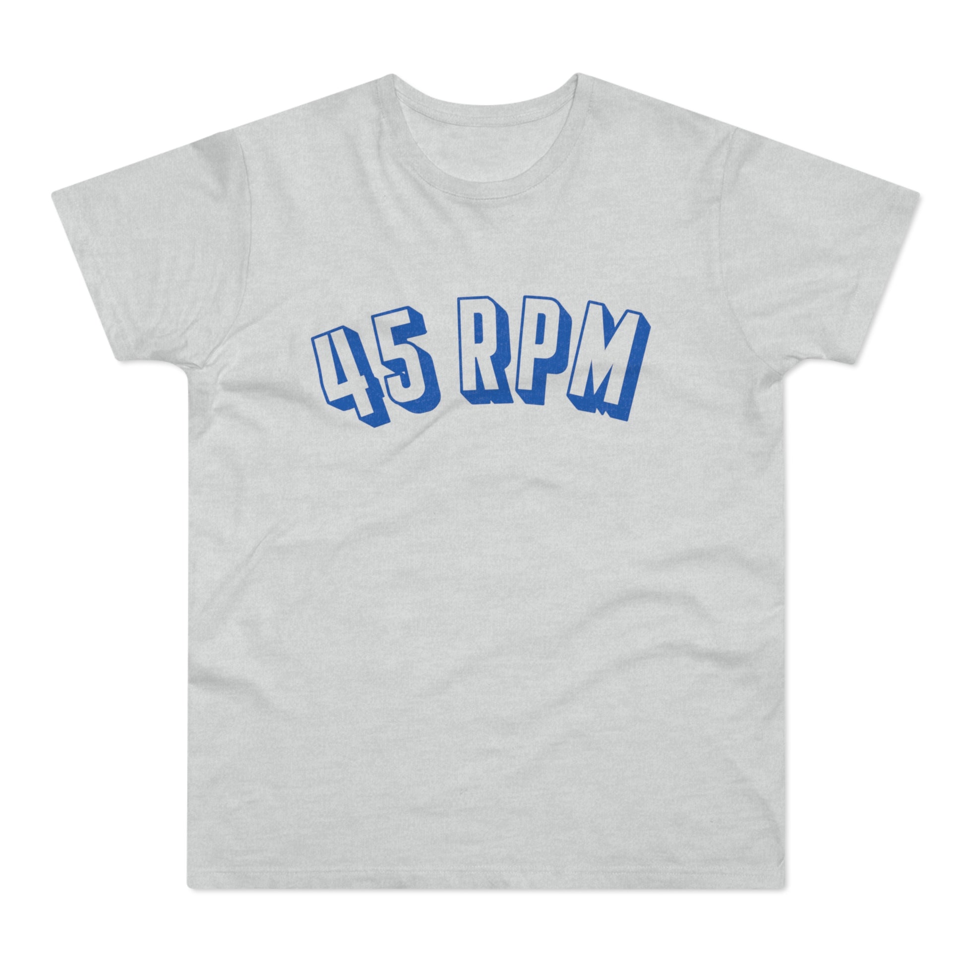 Light gray t-shirt with blue "45 RPM" text in a bold, 3D-style font.