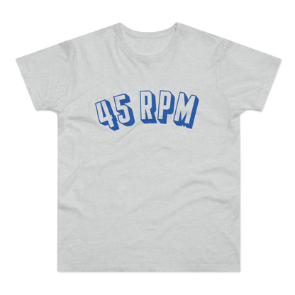 Light gray t-shirt with blue "45 RPM" text in a bold, 3D-style font.