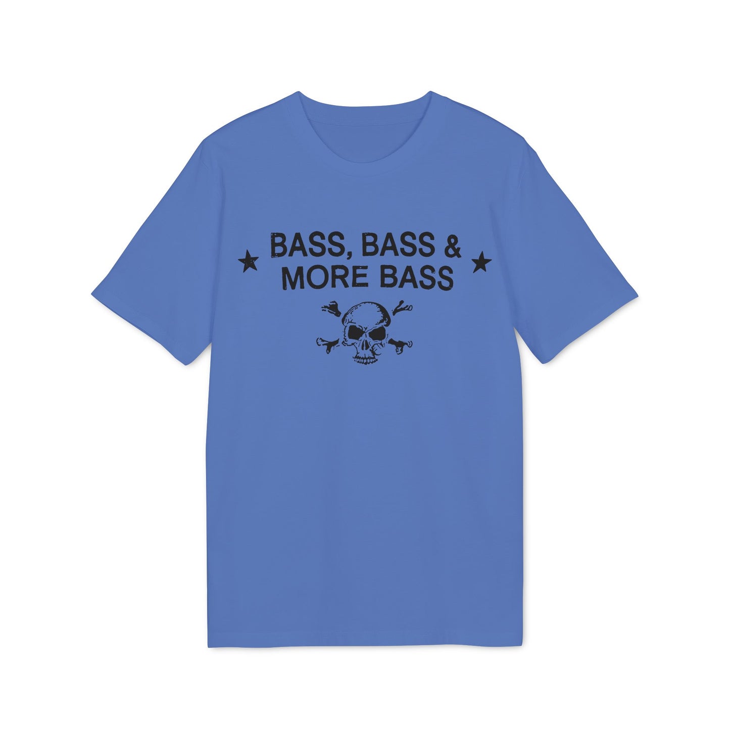 Blue t-shirt with black text "BASS, BASS & MORE BASS" and a skull with crossed bones.