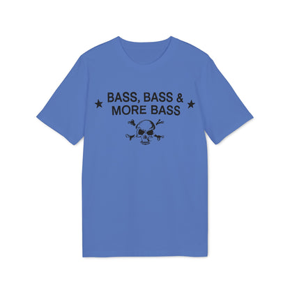 Blue t-shirt with black text "BASS, BASS & MORE BASS" and a skull with crossed bones.