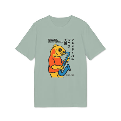 Cartoon fish playing saxophone with Japanese text and "Osaka Jazz Festival 10.09.1989"
