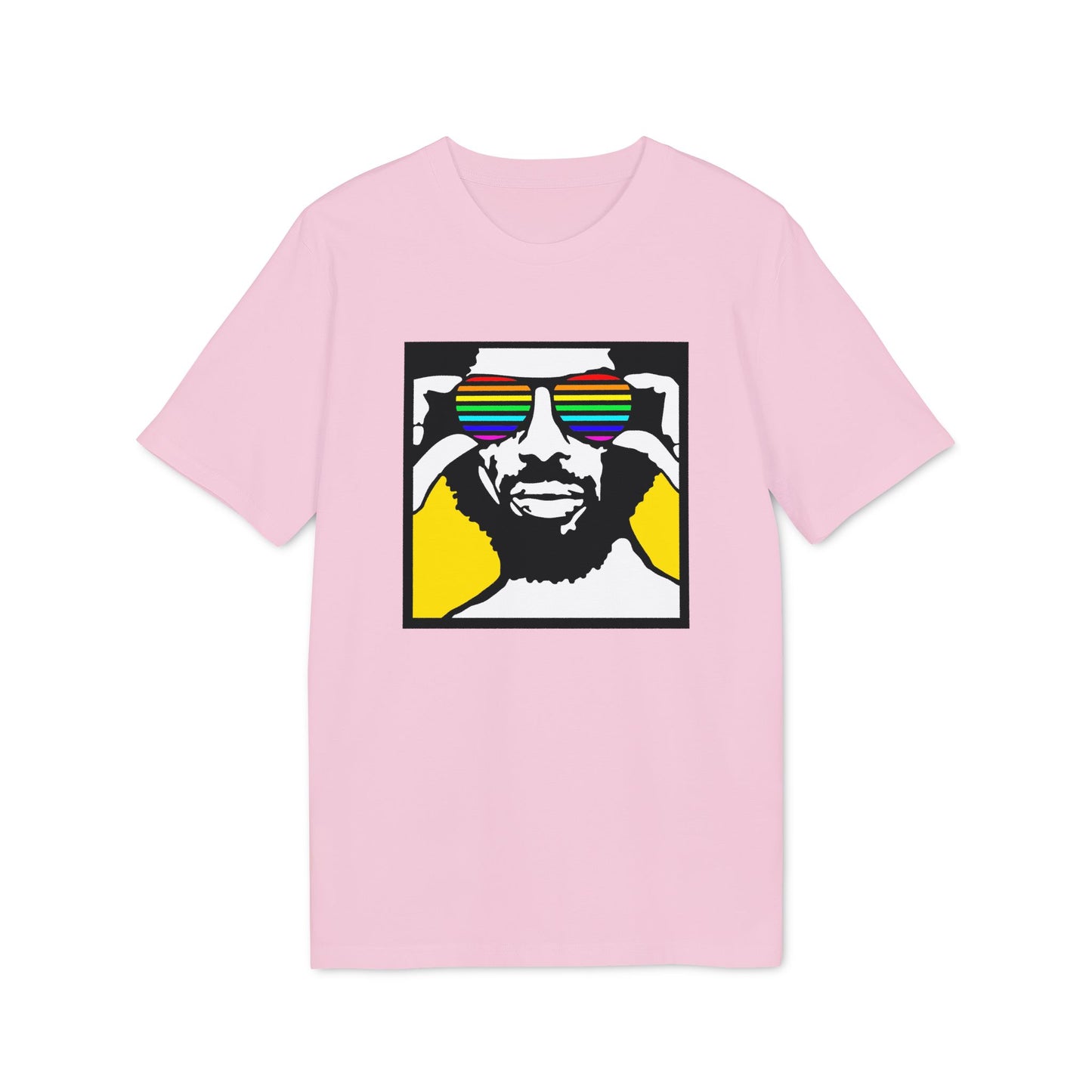 Pink t-shirt with graphic of man wearing rainbow sunglasses