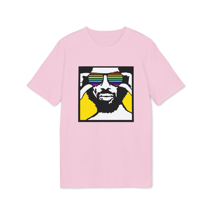 Pink t-shirt with graphic of man wearing rainbow sunglasses
