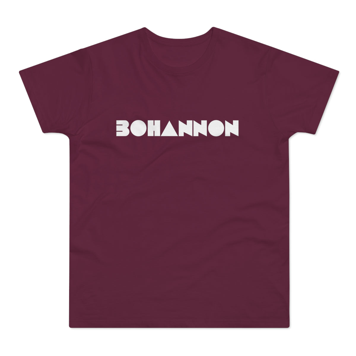 Maroon t-shirt with white geometric "BOHANNON" text.