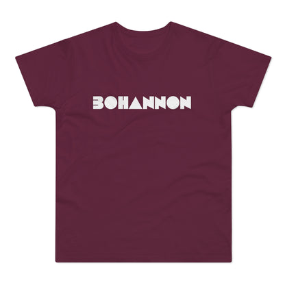 Maroon t-shirt with white geometric "BOHANNON" text.