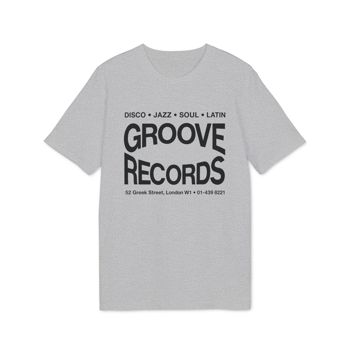 A grey short-sleeve t-shirt with black text that reads "Groove Records" and London address details.