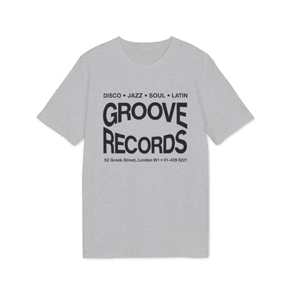 A grey short-sleeve t-shirt with black text that reads "Groove Records" and London address details.