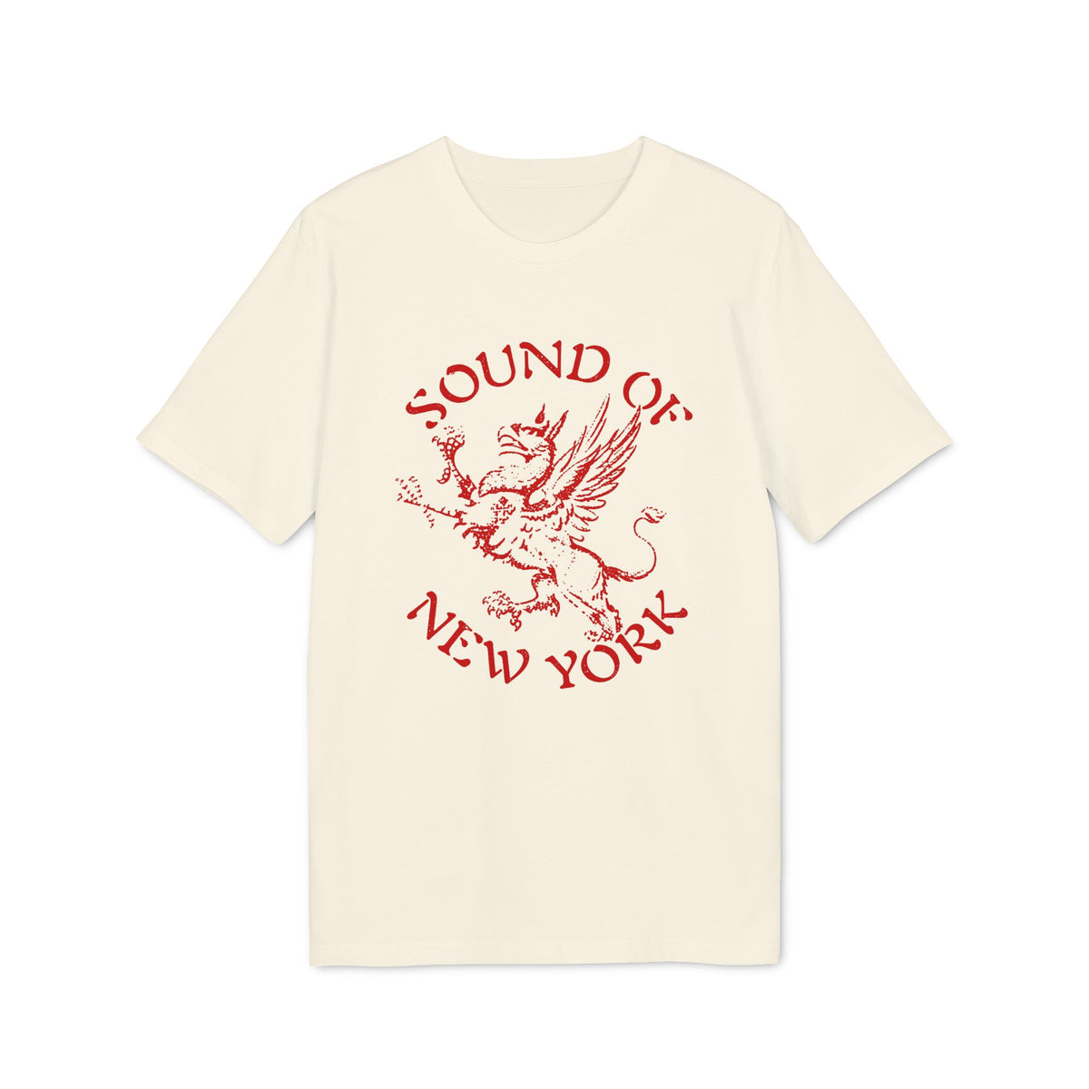 A cream-colored short-sleeved t-shirt featuring a red distressed graphic of a griffin and the text Sound of New York.