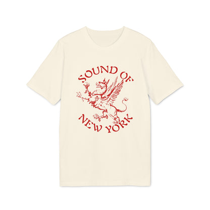 A cream-colored short-sleeved t-shirt featuring a red distressed graphic of a griffin and the text Sound of New York.