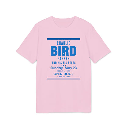 Pink t-shirt with blue text: Charlie Bird Parker, Sunday May 23, Open Door.