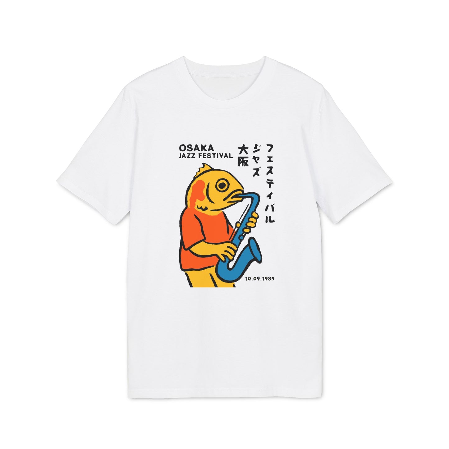 White t-shirt with Osaka Jazz Festival graphic and a fish playing a saxophone.