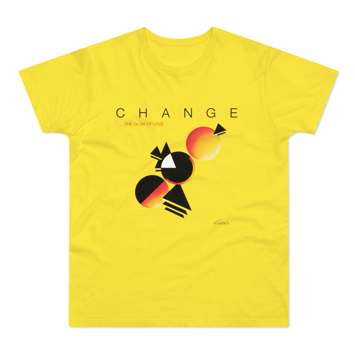 Yellow t-shirt with black text "CHANGE" and abstract geometric design.
