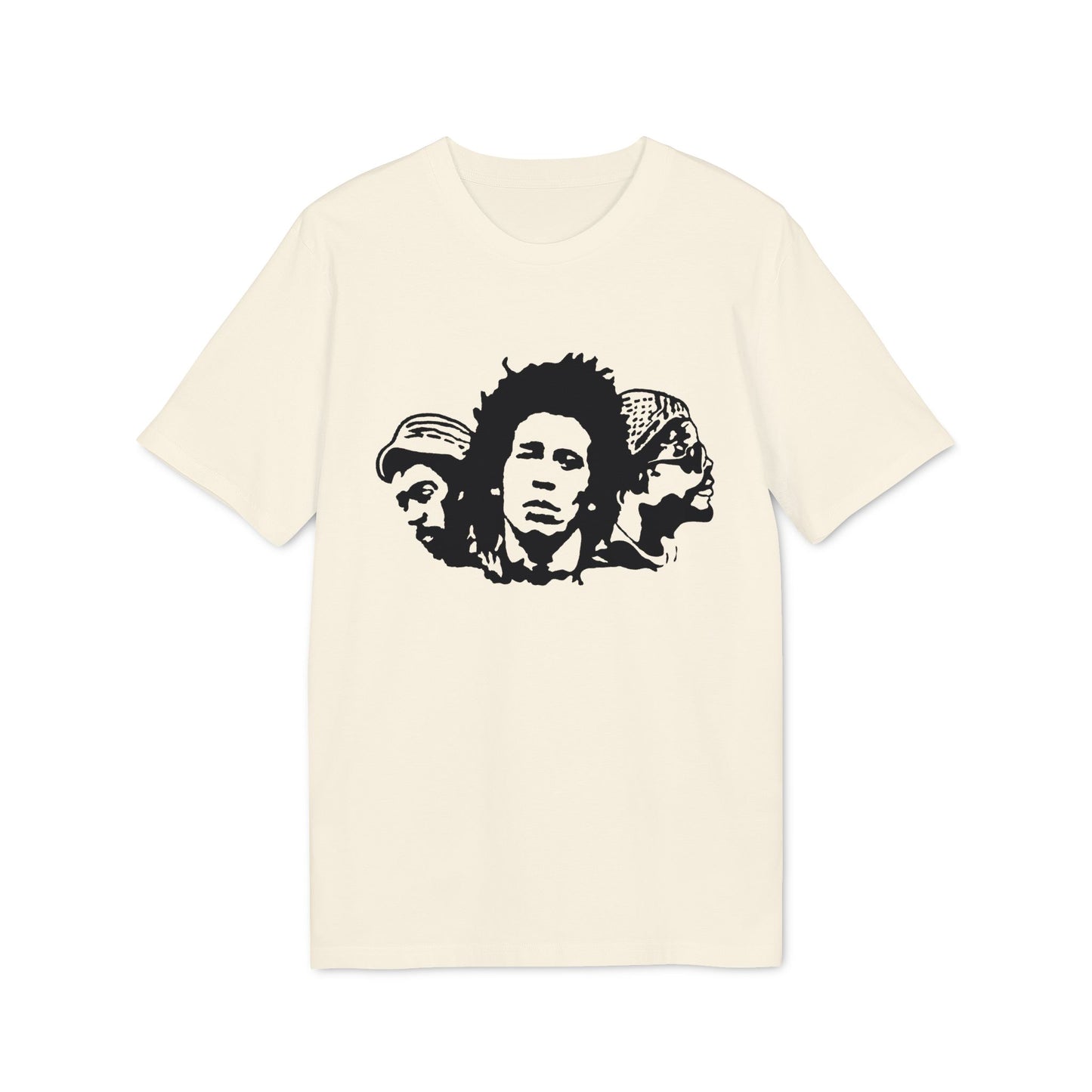 Cream t-shirt with black stencil print of three reggae musicians' faces.