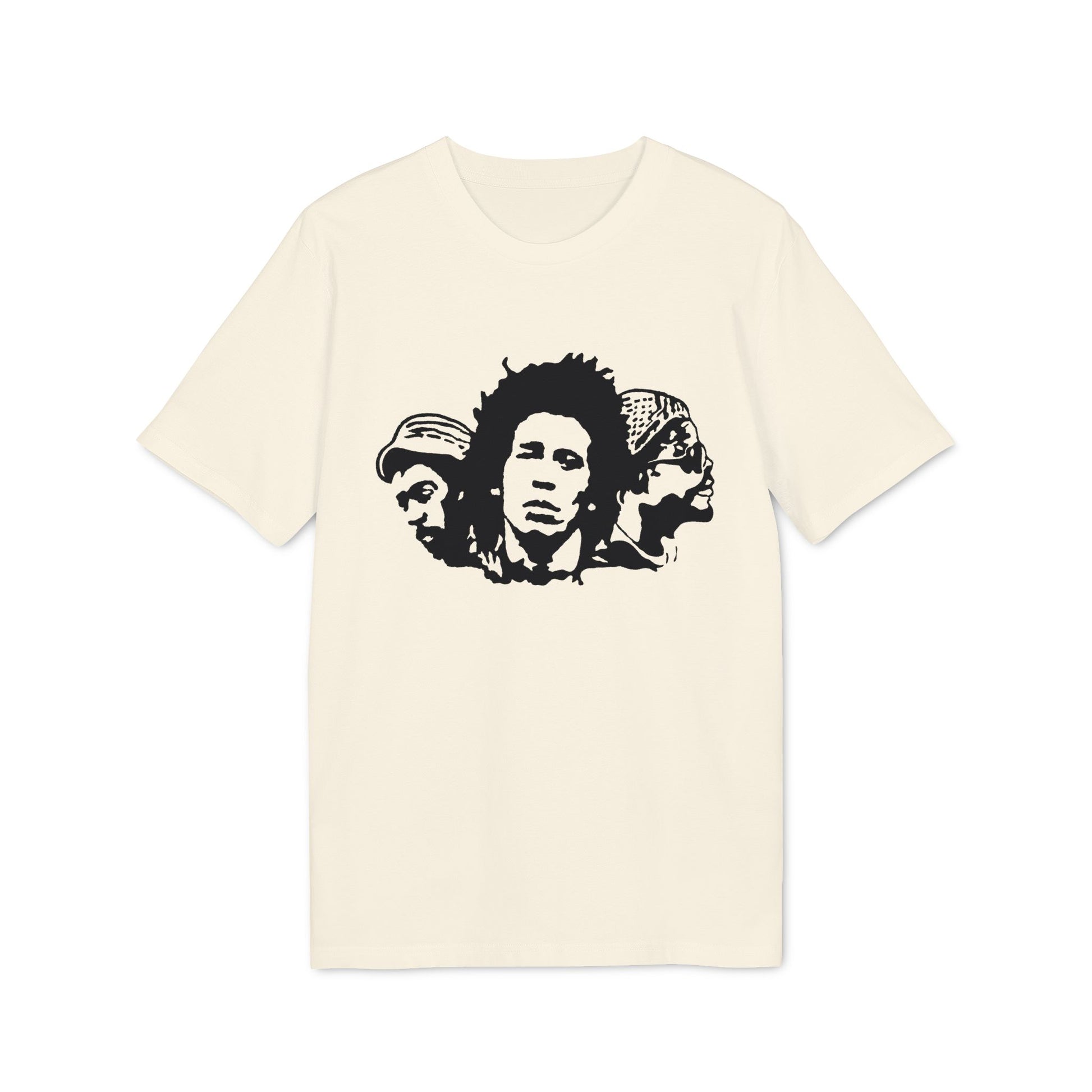 Cream t-shirt with black stencil print of three reggae musicians' faces.