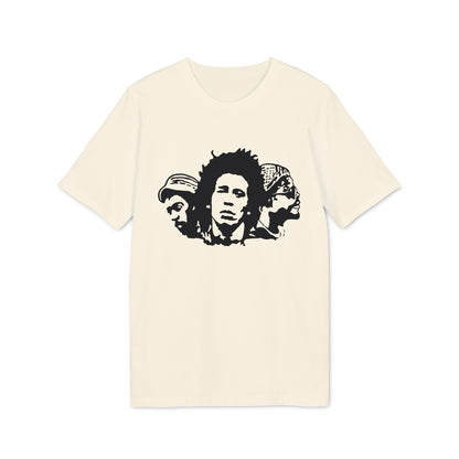 Cream t-shirt with black stencil print of three reggae musicians' faces.