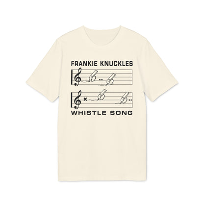 Cream t-shirt with black text "FRANKIE KNUCKLES WHISTLE SONG" and musical notes with whistles.